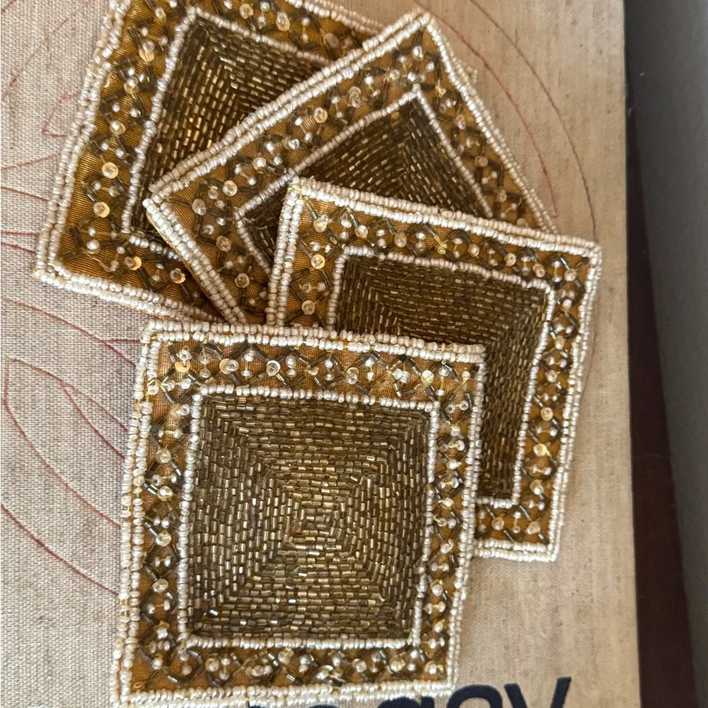 Gold Yellow Beaded Coaster's 4 pc Bohemian Boho